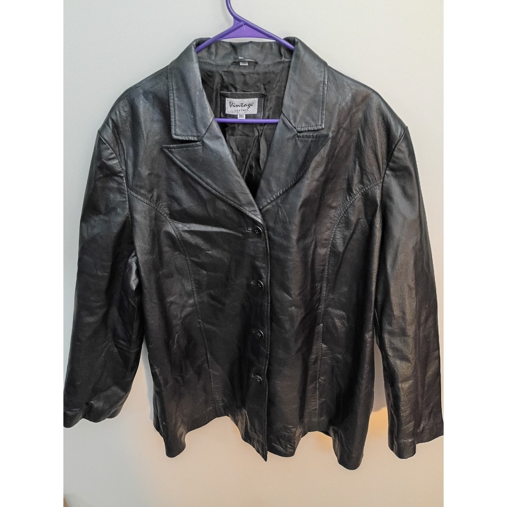 Vintage Leather Black Genuine Leather Button Front Blazer Jacket Womens 3XL